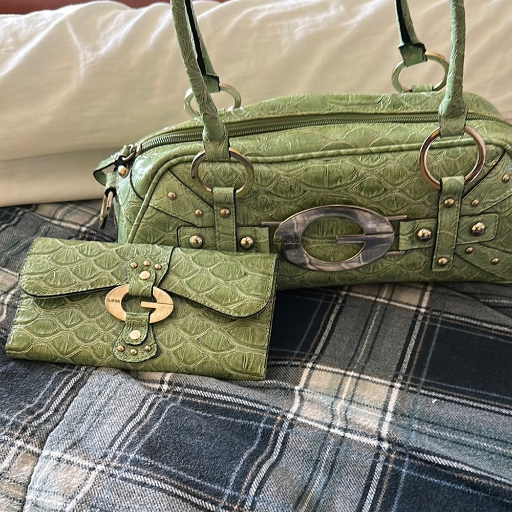Green Embossed Handbag and Wallet Set